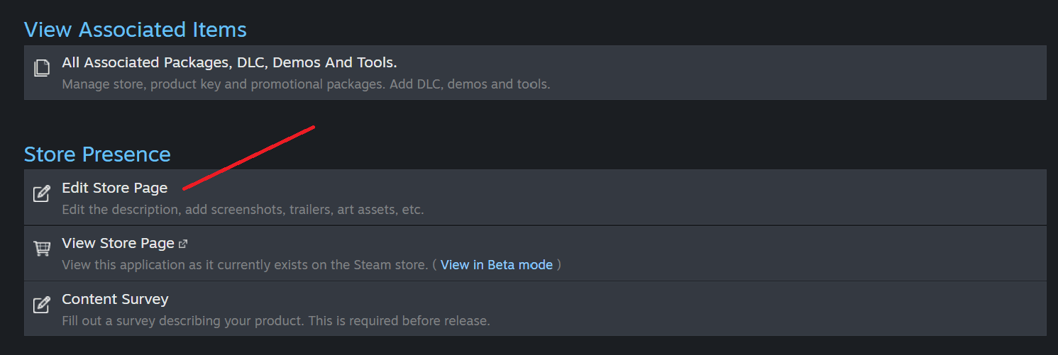 Steamworks dashboard with Edit Store Page highlighted