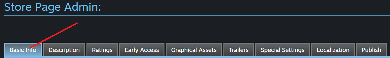 Steamworks store-page tabs with Basic Info highlighted