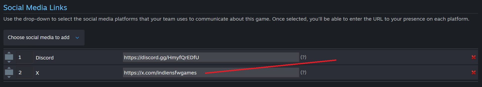 Steamworks Social Media Links section with an X profile URL highlighted