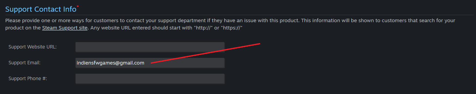 Steamworks Support Contact Info section with the support email highlighted