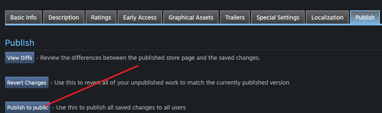 Steamworks Publish page with Publish to public highlighted